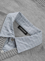 Men's Commuter Grey Faux-Layer Plaid-Collar Knit Top