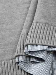 Men's Commuter Grey Faux-Layer Plaid-Collar Knit Top