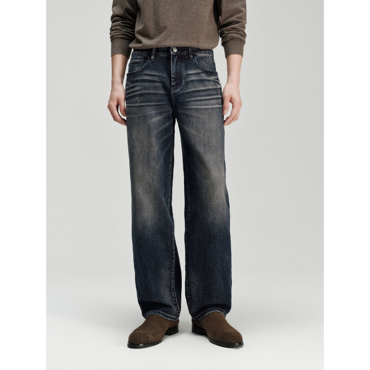 Men's Casual Heat-Retaining Straight-Leg Whiskered Wash Jeans