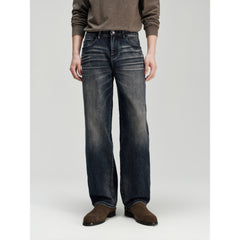 Men's Casual Heat-Retaining Straight-Leg Whiskered Wash Jeans
