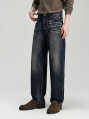 Men's Casual Heat-Retaining Straight-Leg Whiskered Wash Jeans