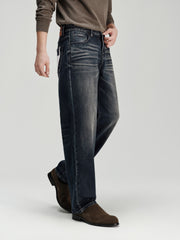 Men's Casual Heat-Retaining Straight-Leg Whiskered Wash Jeans