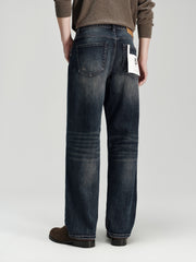 Men's Casual Heat-Retaining Straight-Leg Whiskered Wash Jeans