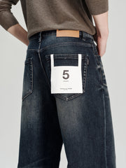 Men's Casual Heat-Retaining Straight-Leg Whiskered Wash Jeans