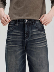 Men's Casual Heat-Retaining Straight-Leg Whiskered Wash Jeans