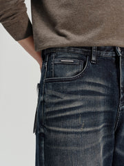 Men's Casual Heat-Retaining Straight-Leg Whiskered Wash Jeans