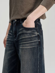 Men's Casual Heat-Retaining Straight-Leg Whiskered Wash Jeans