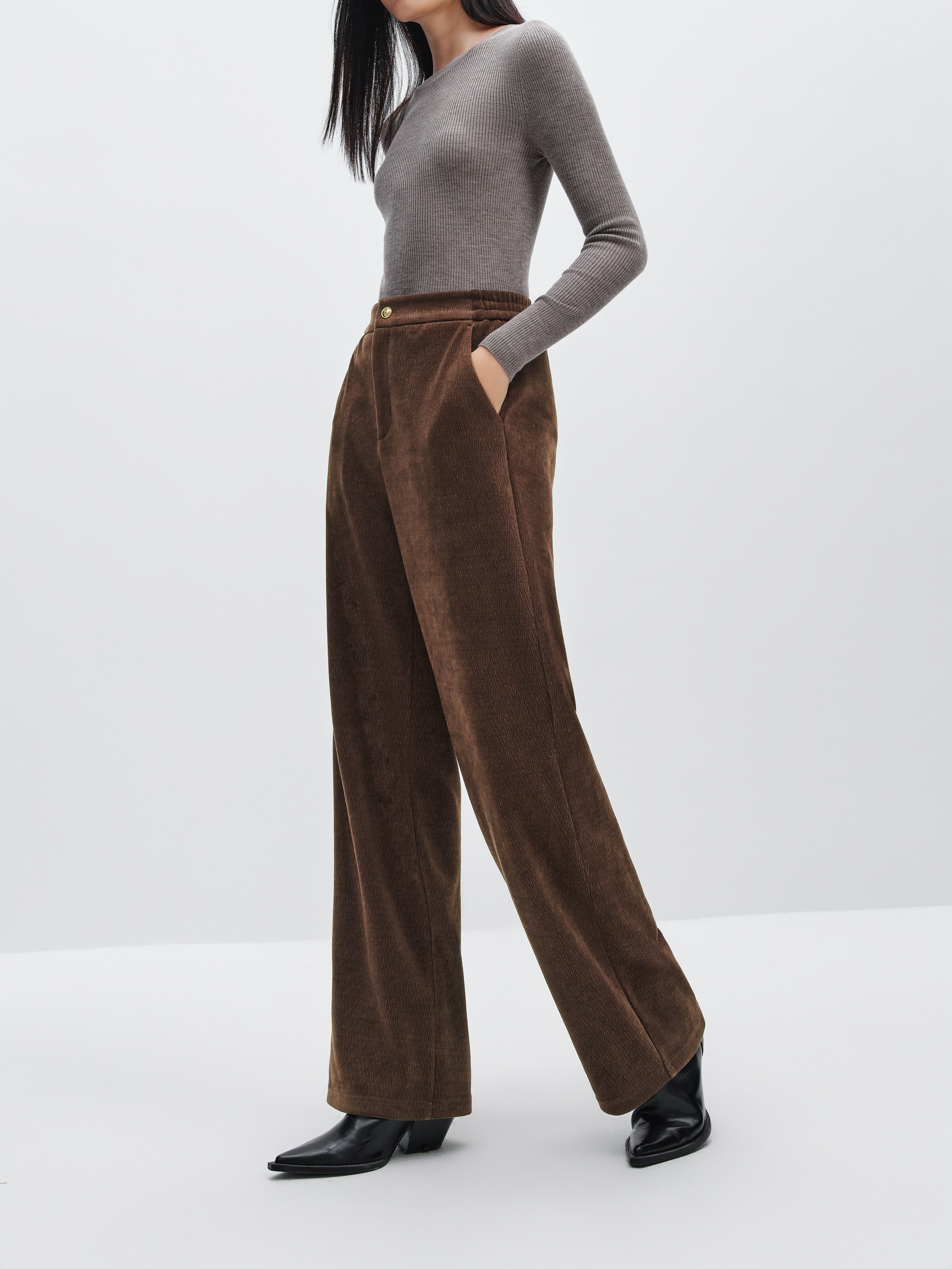 Women's Brown Textured Straight Pants