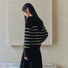 Women's Black Striped Button-Collar Knit Pullover