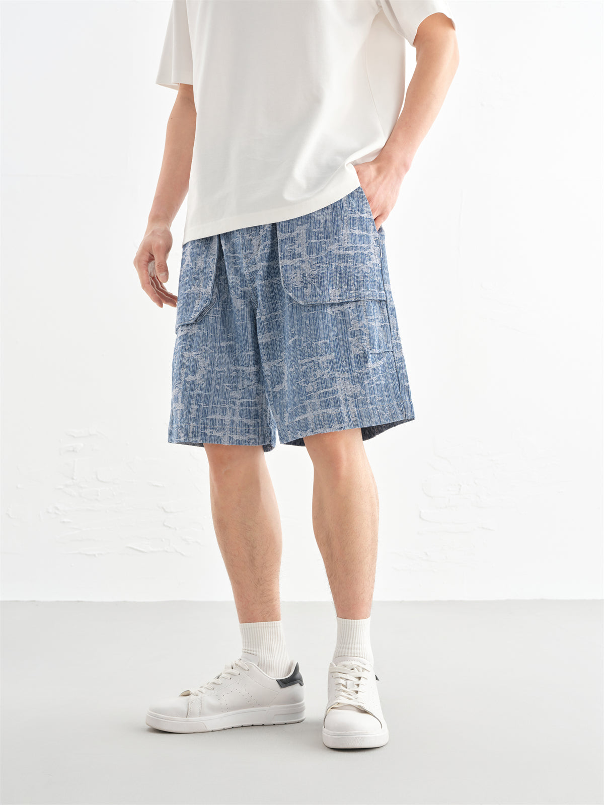 Men's Allover Jacquard Textured Denim Shorts