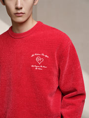 Men's Red Embroidered Crew Neck Pullover