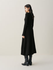 Women's Black Mid-Length Knit Dress with Belt