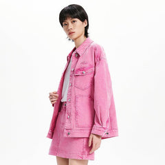 Women's Pink Corduroy Washed Denim Jacket