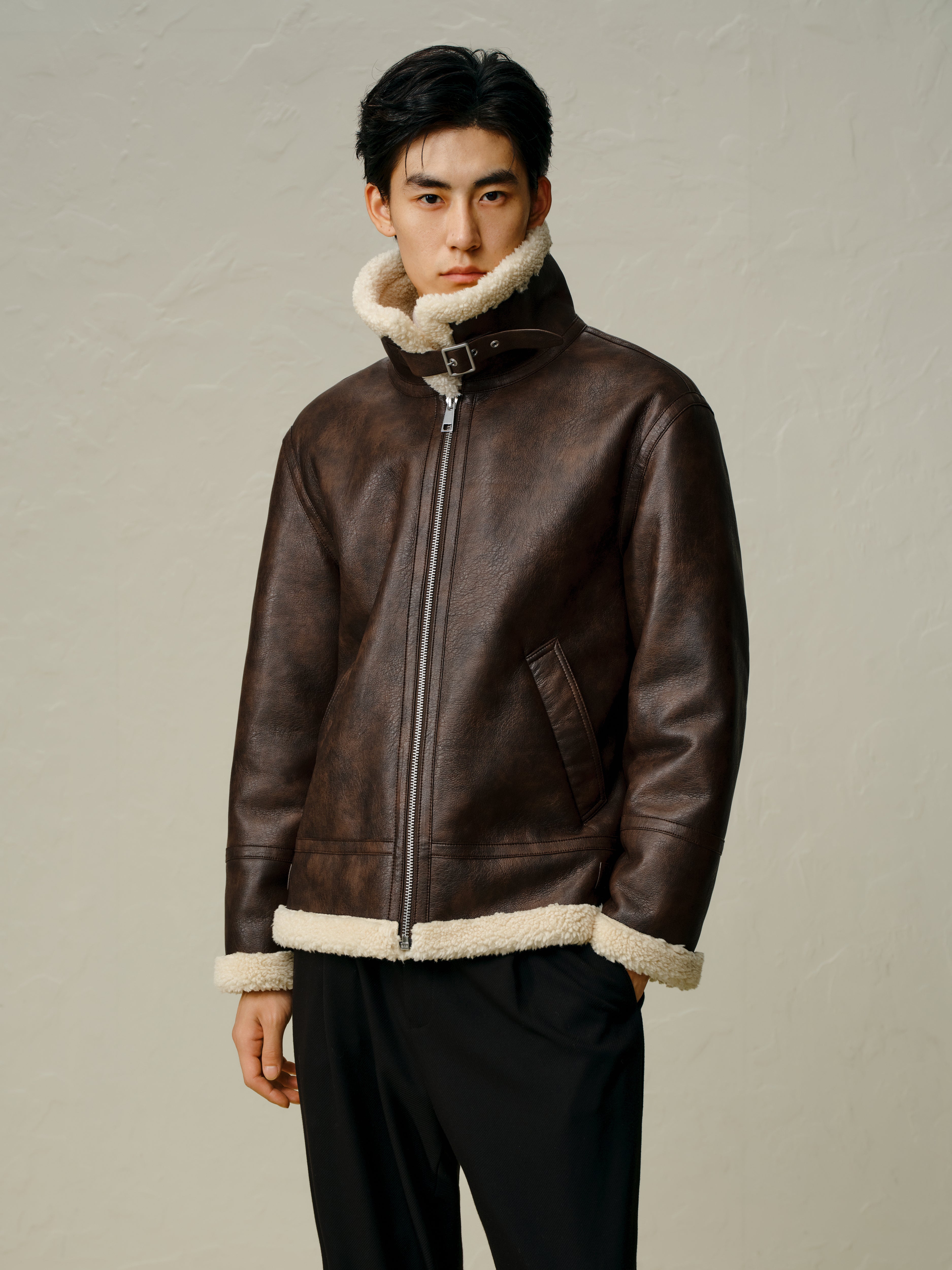 Men's Brown Faux Shearling PU Jacket