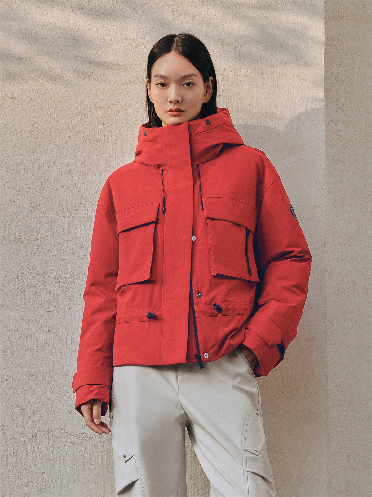 Women's Red Drawstring Waist Waterproof Puffer Jacket