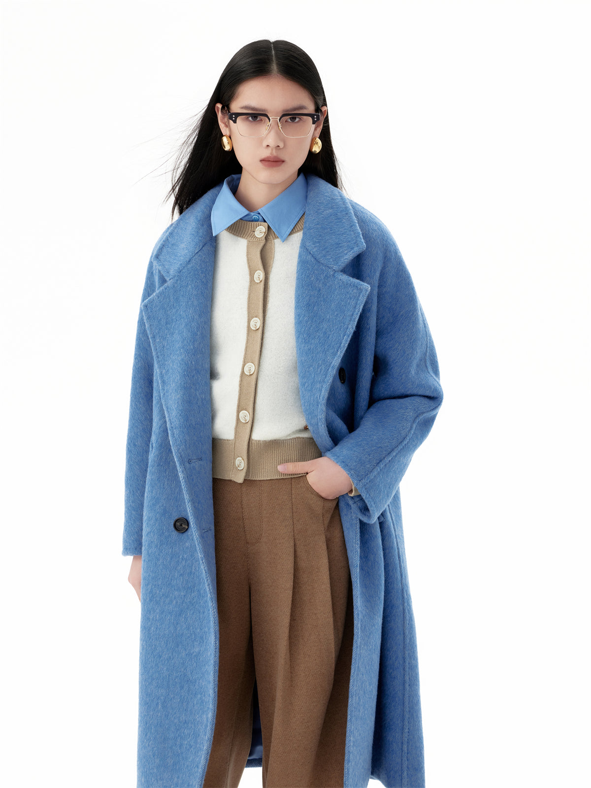 Women's Belted Wool Coat with Slik and Rabbit Fur