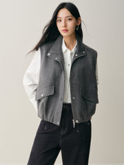 Women's Short Wool Vest Coat with Stand Collar