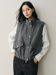 Women's Short Wool Vest Coat with Stand Collar