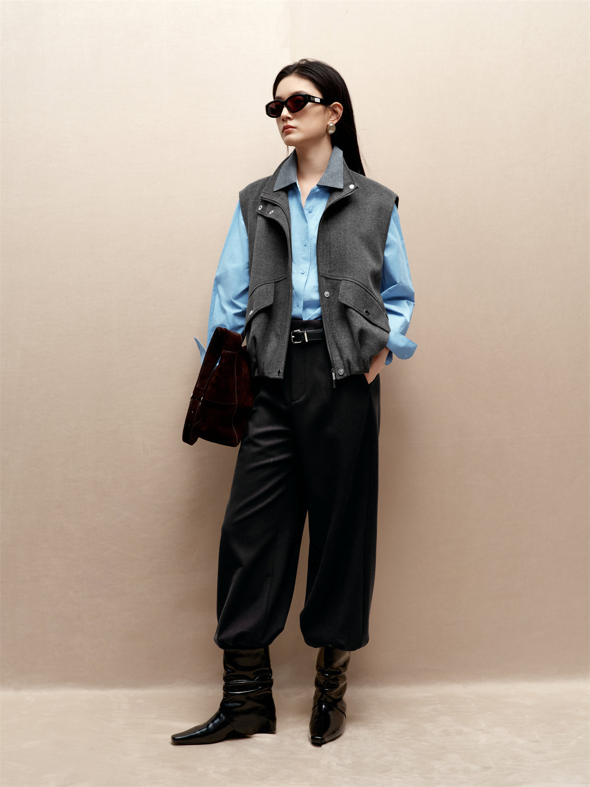 Women's Short Wool Vest Coat with Stand Collar
