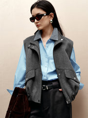 Women's Short Wool Vest Coat with Stand Collar
