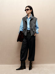 Women's Short Wool Vest Coat with Stand Collar