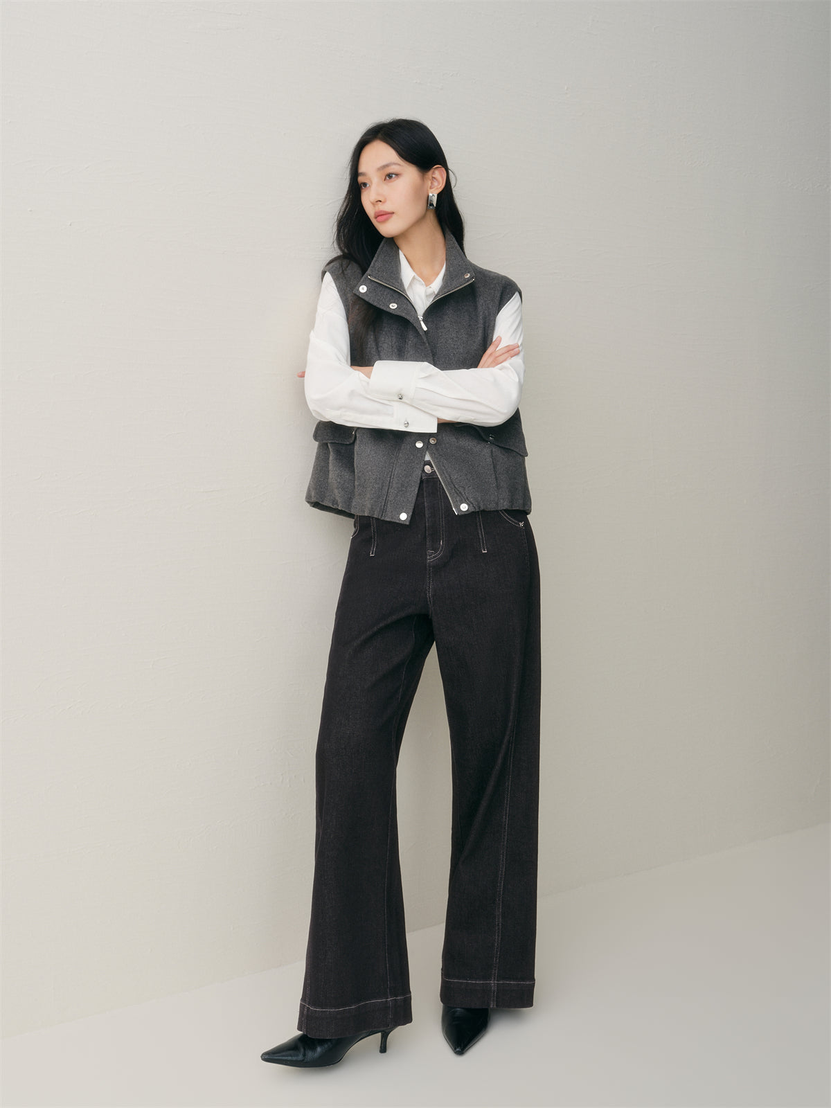 Women's Short Wool Vest Coat with Stand Collar