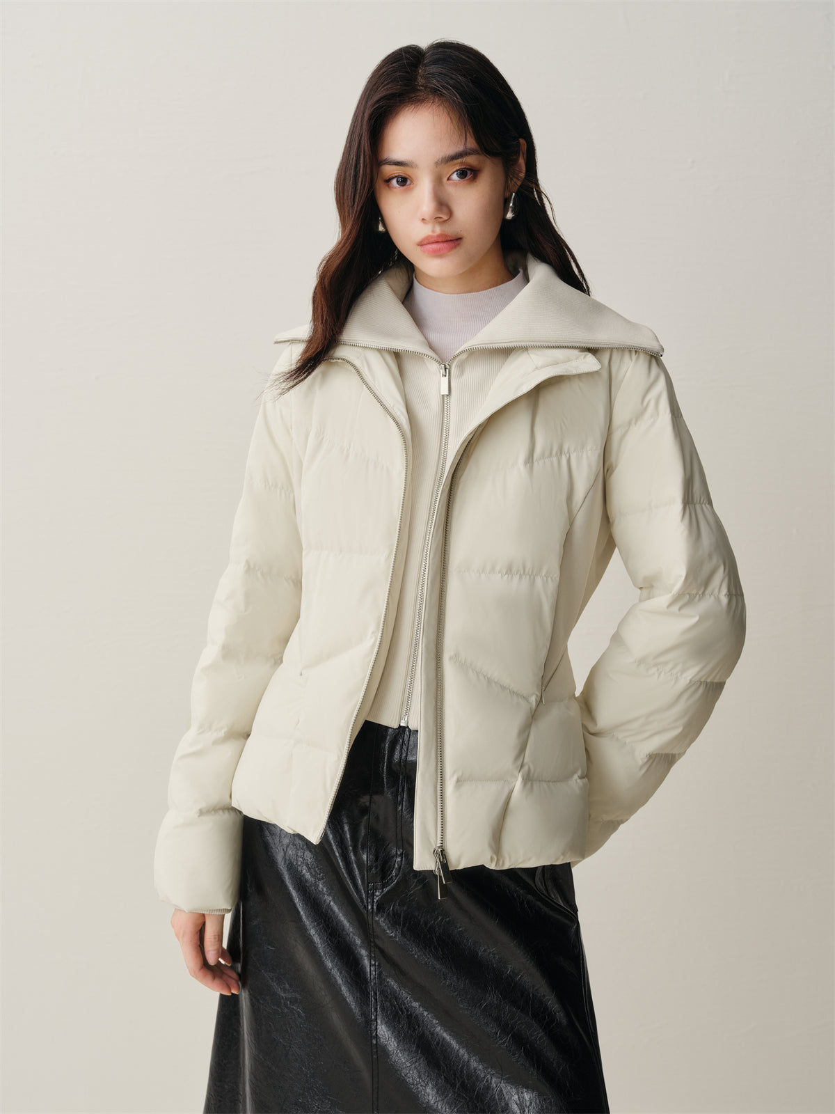 Women's Short Slim-Fit Down Jacket with Layered-Look Collar
