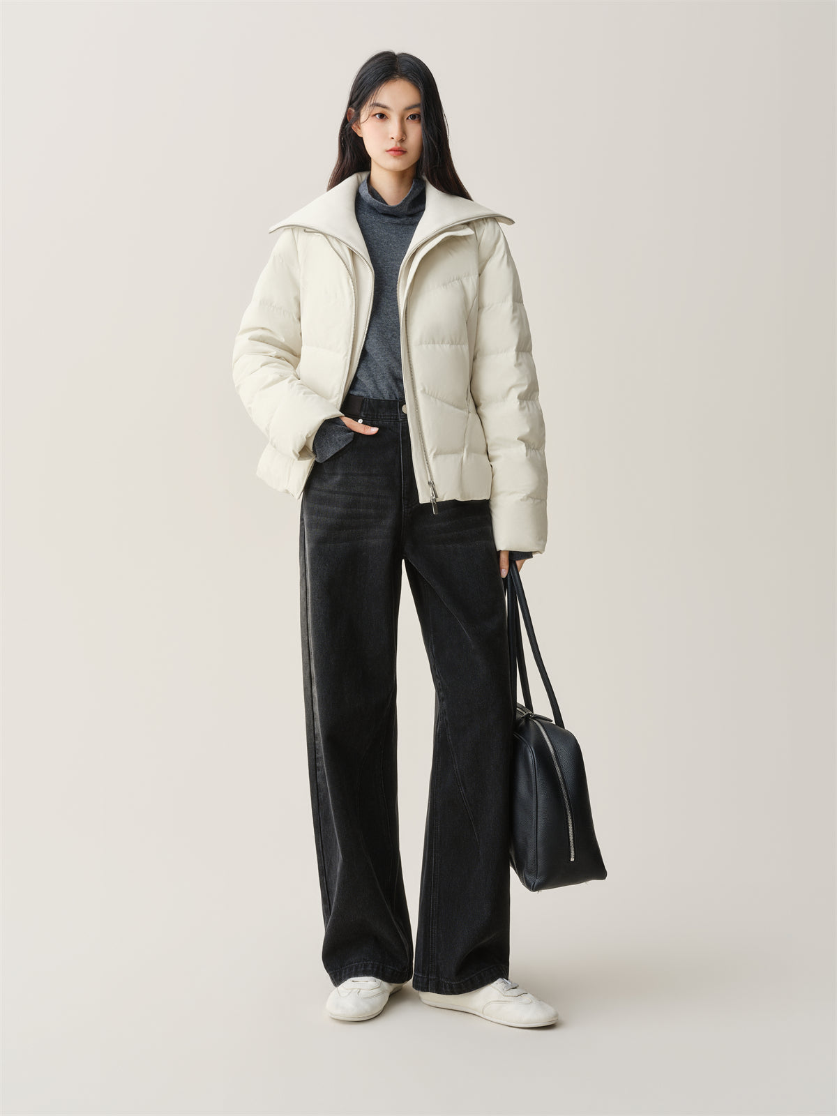 Women's Short Slim-Fit Down Jacket with Layered-Look Collar
