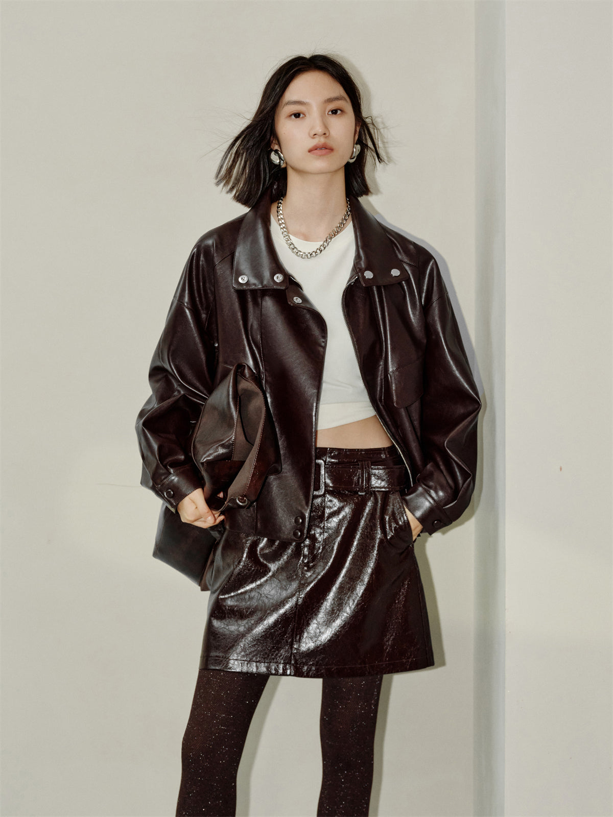 Women's Textured PU Oversized Jacket
