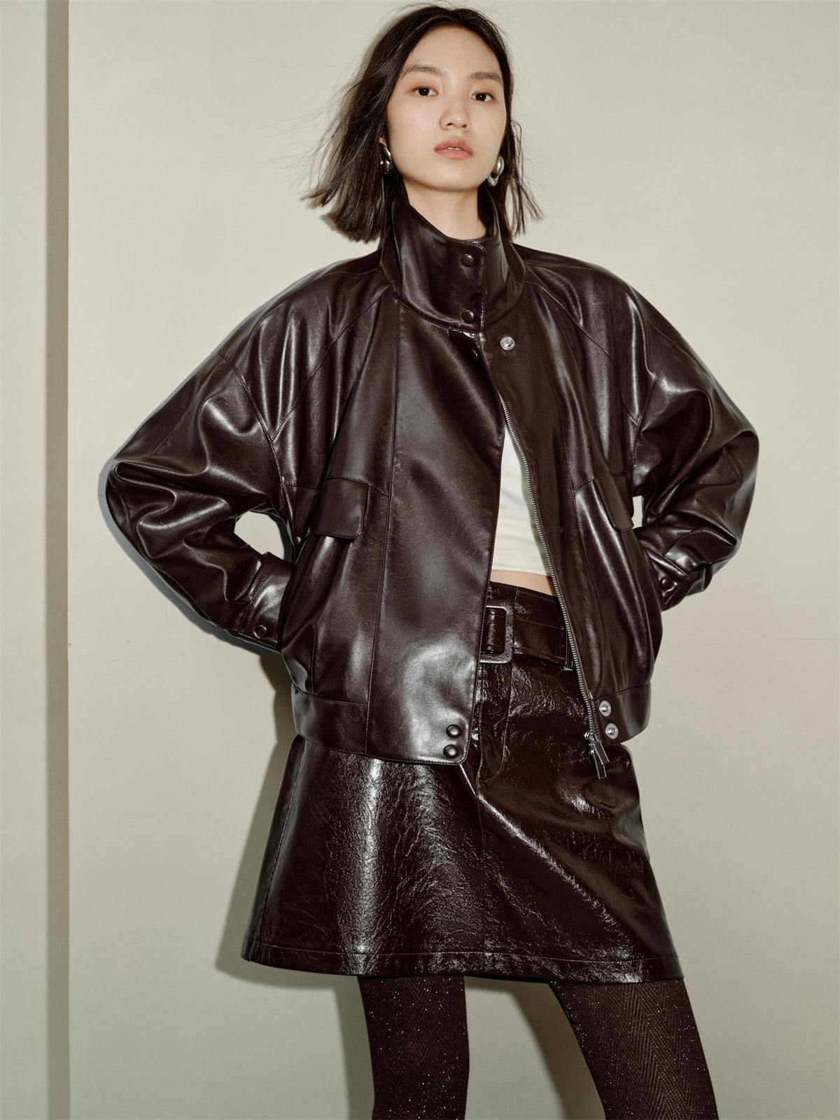 Women's Textured PU Oversized Jacket