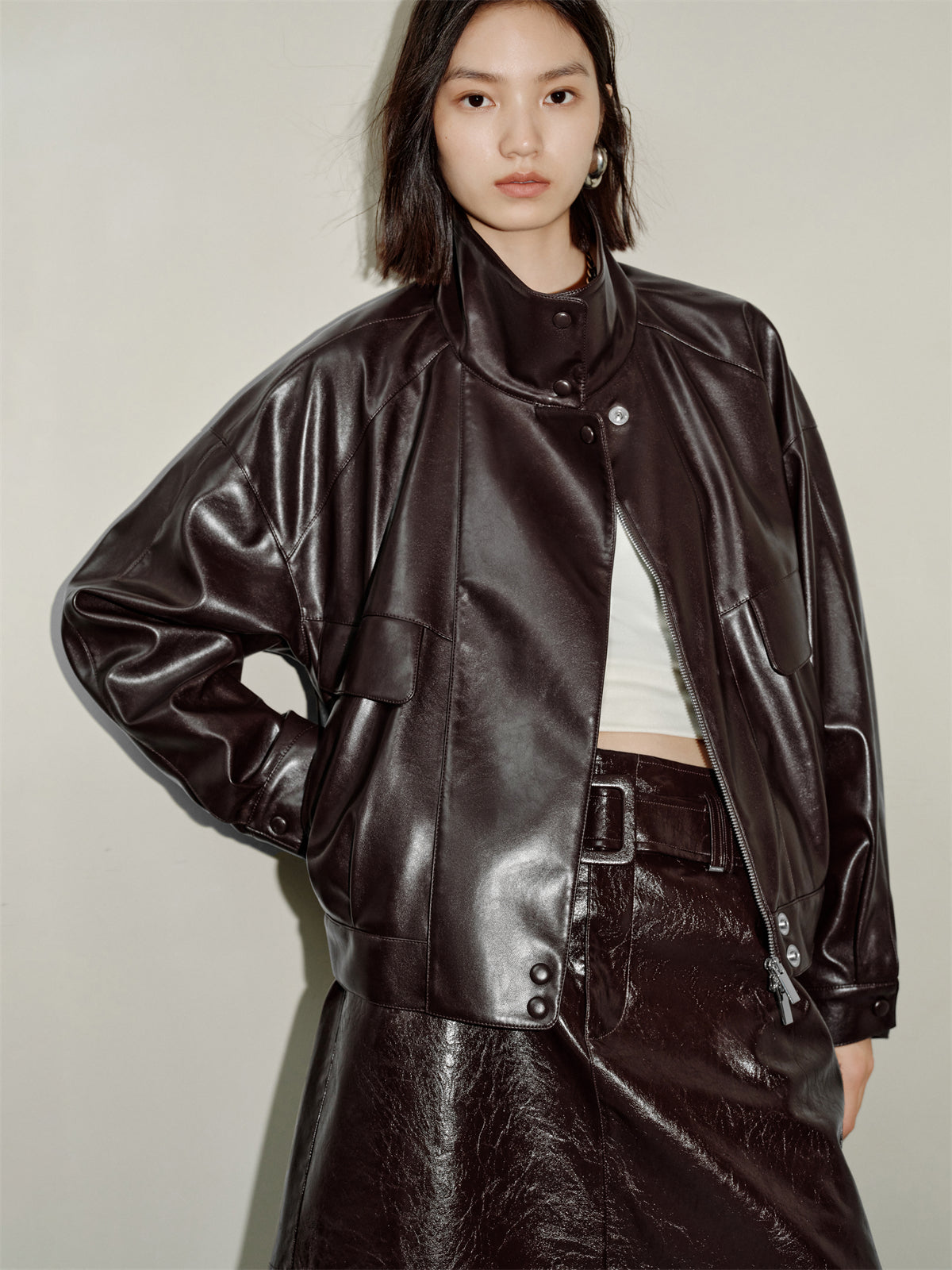 Women's Textured PU Oversized Jacket