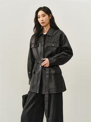 Women's Textured Oversized Leather Jacket