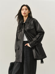 Women's Textured Oversized Leather Jacket