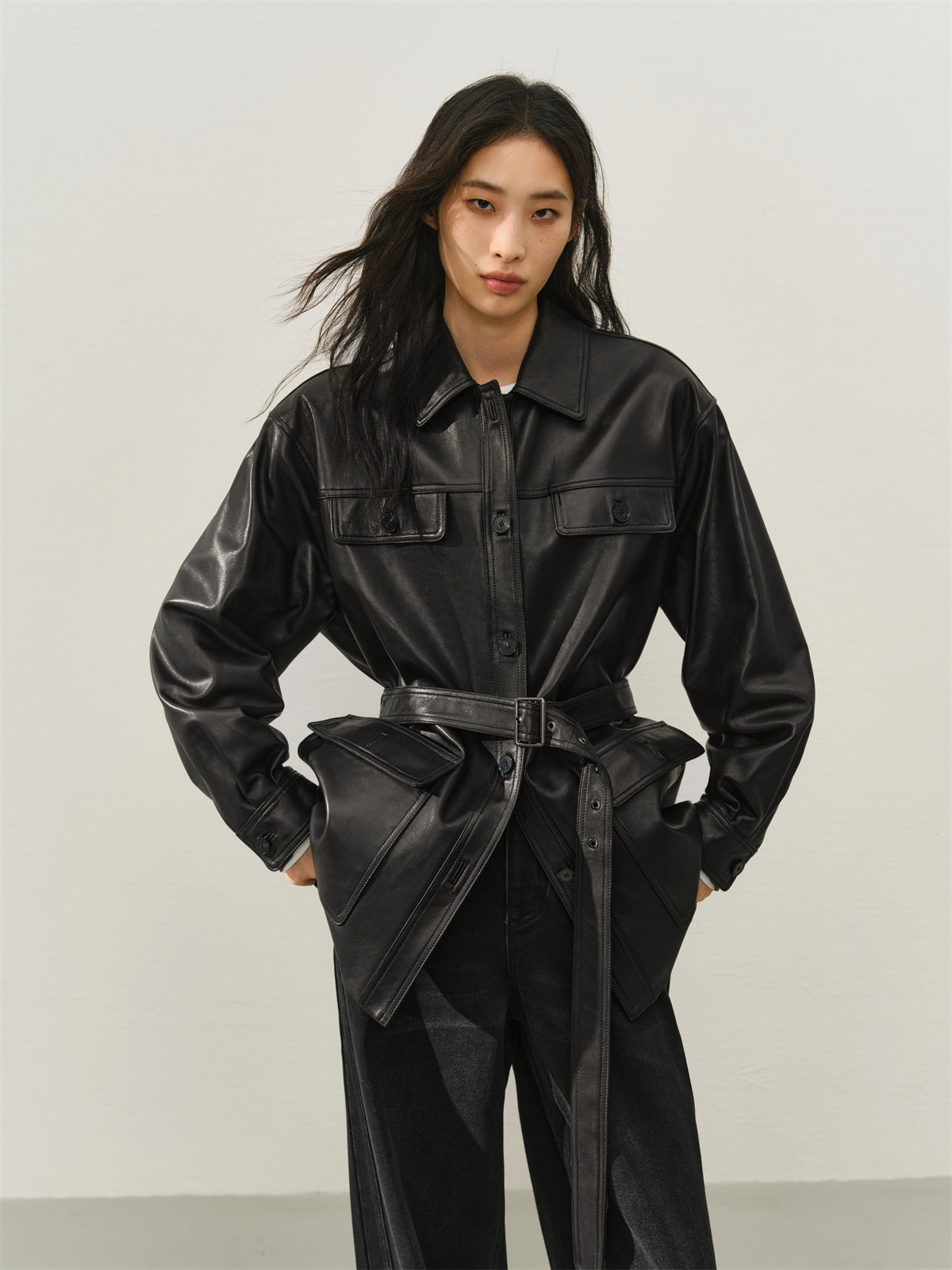 Women's Textured Oversized Leather Jacket