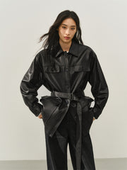 Women's Textured Oversized Leather Jacket