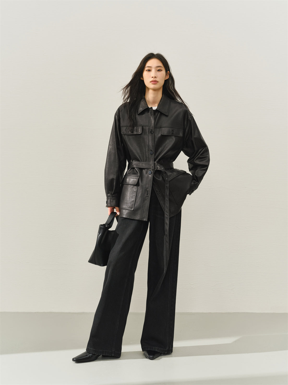 Women's Textured Oversized Leather Jacket