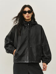 Women's Oversized Street-Style Hooded Leather Jacket