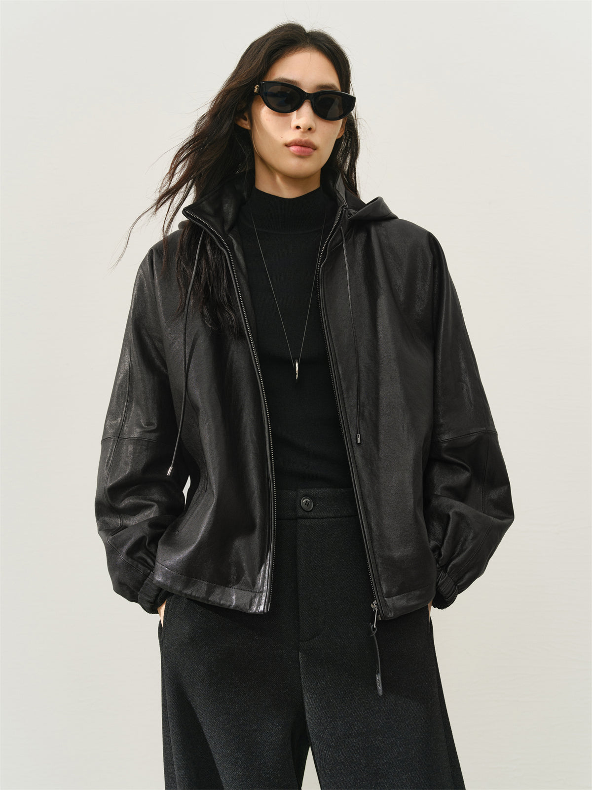 Women's Oversized Street-Style Hooded Leather Jacket