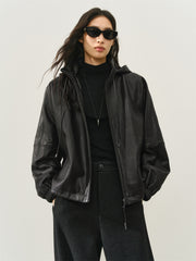 Women's Oversized Street-Style Hooded Leather Jacket