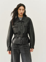 Women's Cropped Belted Leather Jacket