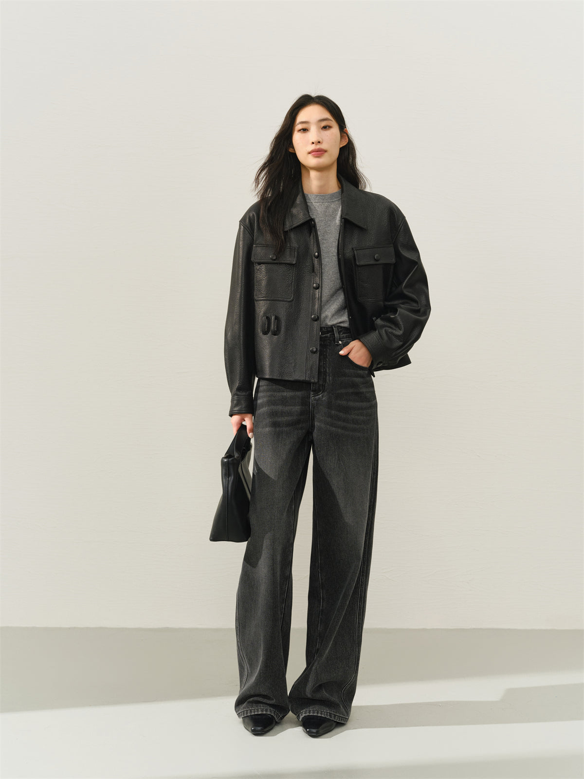 Women's Cropped Belted Leather Jacket