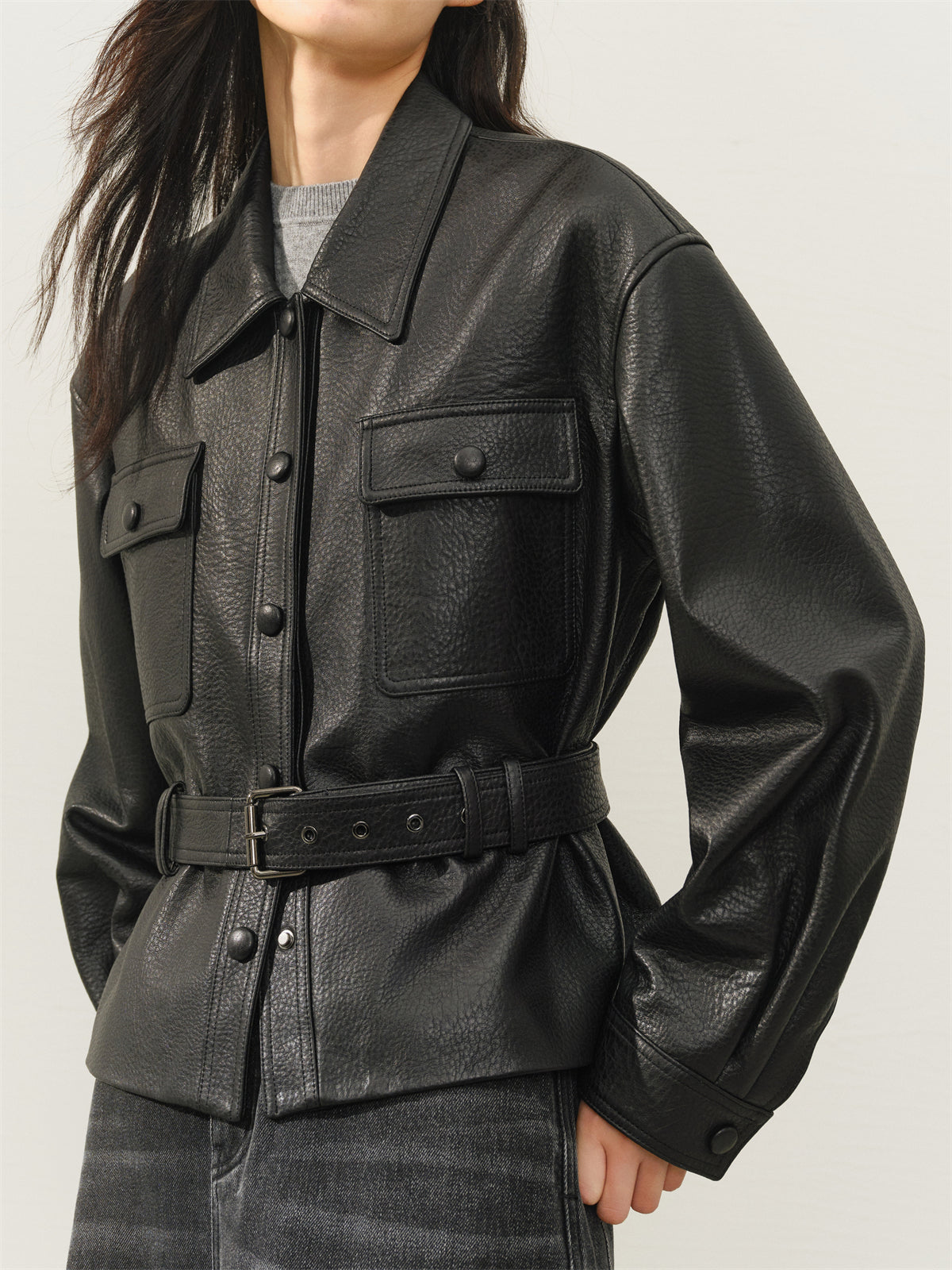 Women's Cropped Belted Leather Jacket