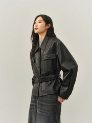 Women's Cropped Belted Leather Jacket