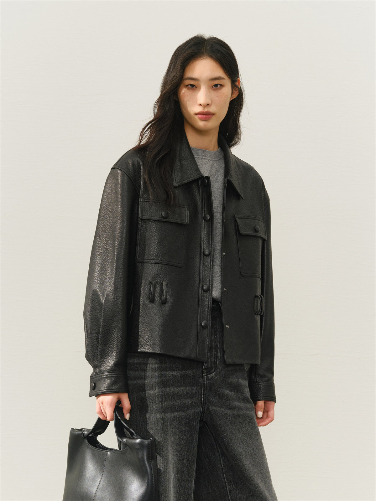 Women's Cropped Belted Leather Jacket