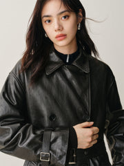 Women's Long Double-Breasted Leather Trench Coat
