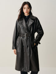 Women's Long Double-Breasted Leather Trench Coat
