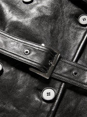 Women's Long Double-Breasted Leather Trench Coat