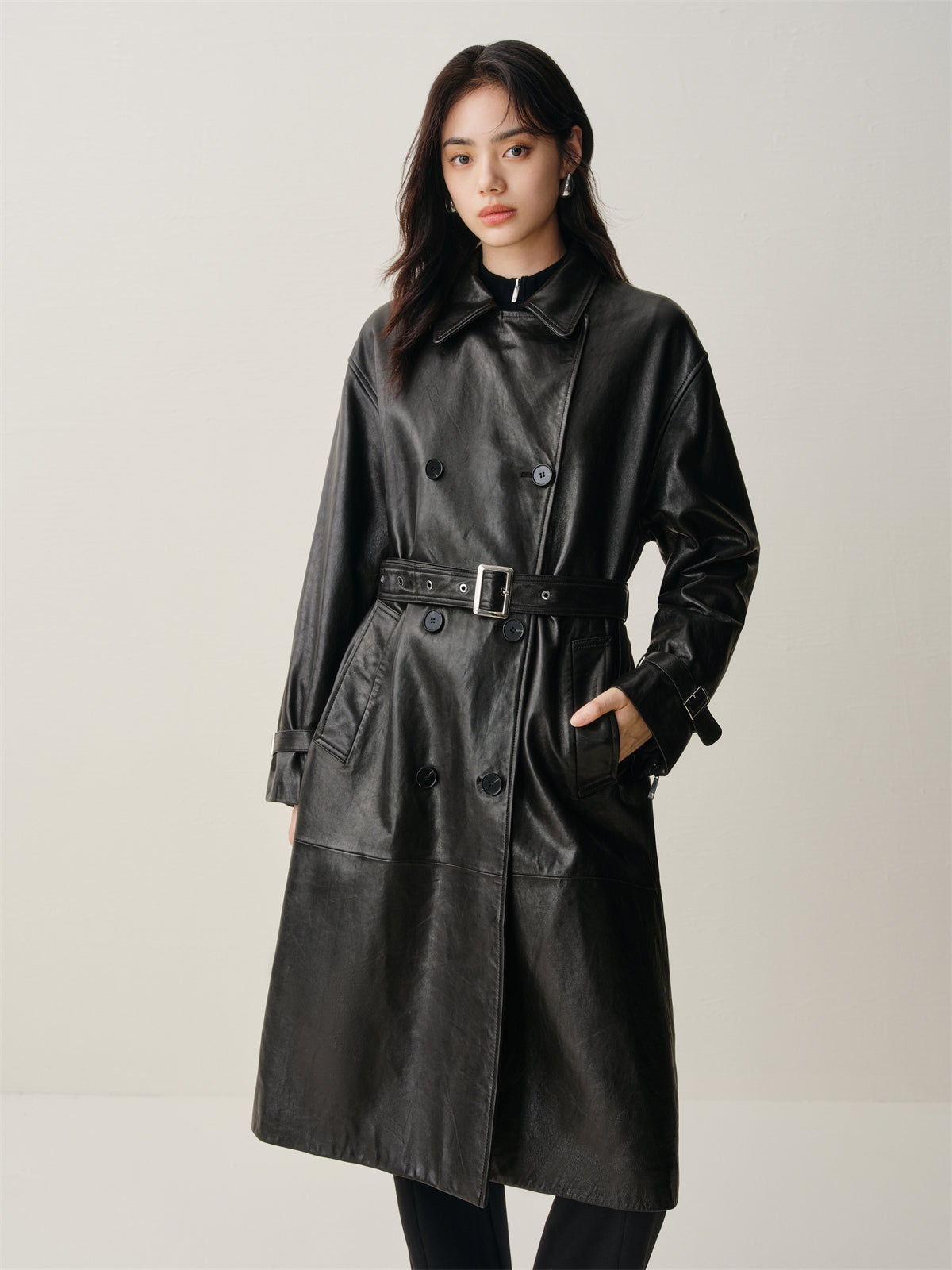 Women's Long Double-Breasted Leather Trench Coat