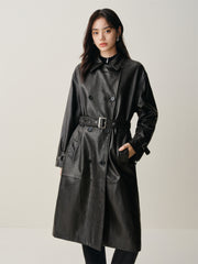 Women's Long Double-Breasted Leather Trench Coat