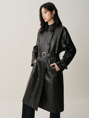 Women's Long Double-Breasted Leather Trench Coat